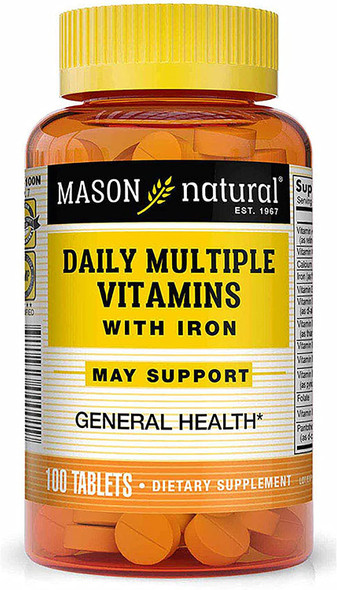 Mason Natural Daily Multiple Vitamins with Iron, Vitamins A, C, D, E, B1, B2, B3, B6, B12, Folate and Calcium for Overall Health, 100 Tablets