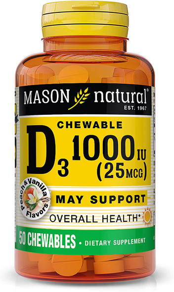 Mason Natural Vitamin D3 25 Mcg (1000 Iu) - Supports Overall Health, Strengthens Bones And Muscles, Peach Vanilla Flavor, 50 Chewables