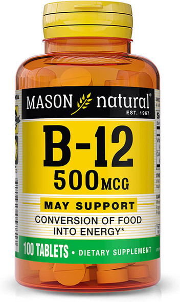 Mason Natural Vitamin B12 500 mcg with Calcium - Healthy Conversion of Food into Energy, Supports Nerve Function and Health, 100 Tablets