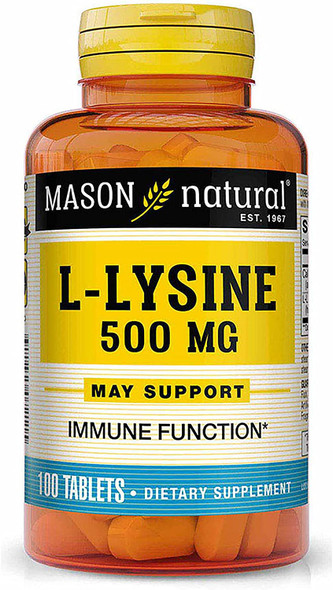 Mason Natural L-Lysine 500 mg with Calcium - Improved Immune Function, Enhanced Nutrient Absorption, Essential Amino Acid, 100 Tablets