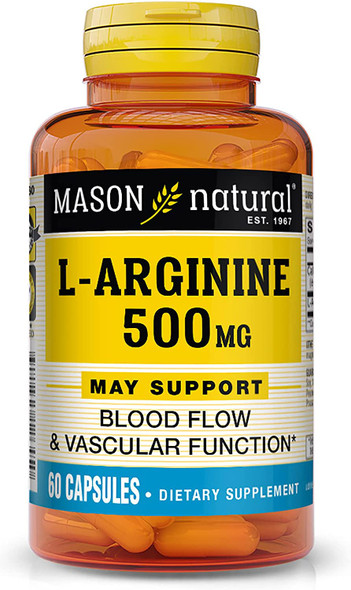 Mason Natural L-Arginine 500 Mg With Calcium- Supports Healthy Circulation & Vascular Function, Nitric Oxide Supplement, 60 Capsules