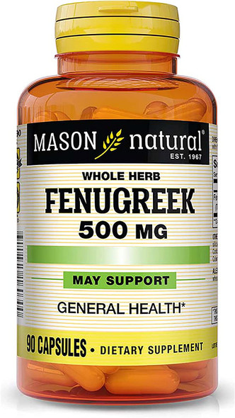 Mason Natural Whole Herb Fenugreek 500 mg - Supports General Wellness and Overall Health, Herbal Supplement, 90 Capsules