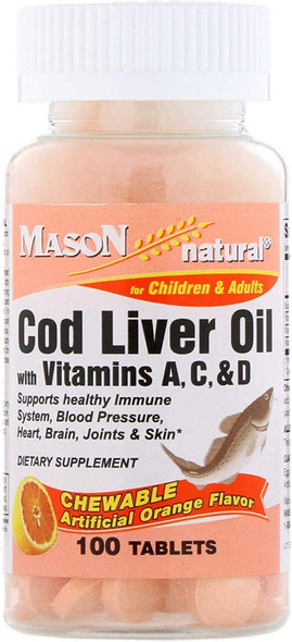 Mason Natural Chewable Cod Liver Oil with Vitamins A, C, D, Orange Flavor, 100 Tablets