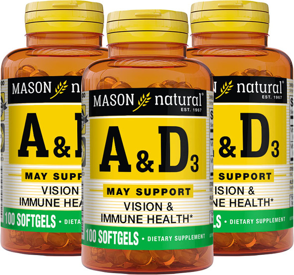 Mason Natural Vitamins A & D3 from Fish Liver Oil - Healthy Vision and Immune Health, Improved Muscle and Nerve Function, 100 Softgels (Pack of 3)