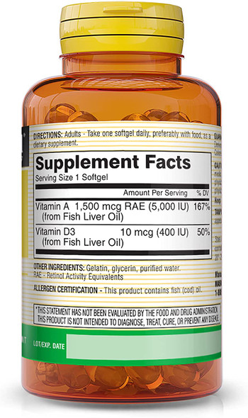 Mason Natural Vitamins A & D3 from Fish Liver Oil - Healthy Vision and Immune Health, Improved Muscle and Nerve Function, 100 Softgels (Pack of 3)