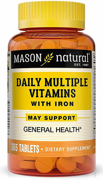 Mason Natural Daily Multiple Vitamins with Iron, Vitamins A, C, D, E, B1, B2, B3, B6, B12, Folate and Calcium for Overall Health, 365 Tablets