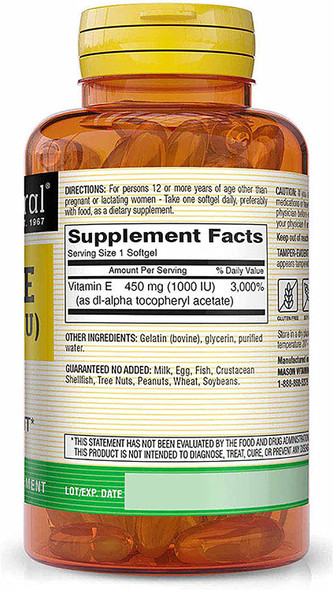 Mason Natural Vitamin E 450 Mg (1,000 Iu) - Antioxidant And Essential Nutrient, Healthy Immune System, Skin And Eyes, Whole Body Supplement, 50 Softgels