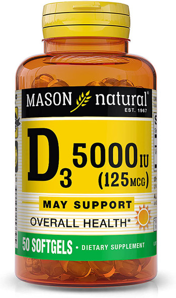 Mason Natural Vitamin D3 125 Mcg (5000 Iu) - Supports Overall Health, Strengthens Bones And Muscles, From Fish Liver Oil, 50 Softgels