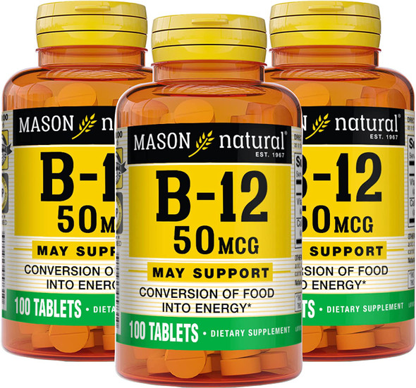 Mason Natural Vitamin B12 50 mcg with Calcium - Healthy Conversion of Food into Energy, Supports Nerve Function and Health, 100 Tablets (Pack of 3)