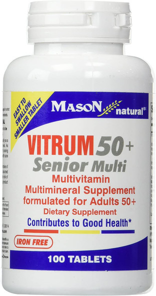 Mason Natural Vitrum 50 + Multi, Iron Free - Vitamins A C D E K B, Folate, Calcium, Iron, Zinc, Potassium, Magnesium, 100 Tablets