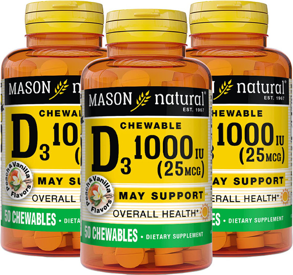 Mason Natural Vitamin D3 25 Mcg (1000 Iu) - Supports Overall Health, Strengthens Bones And Muscles, Peach Vanilla Flavor, 50 Chewables (Pack Of 3)