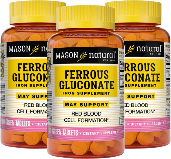 Mason Natural Ferrous Gluconate - Supports Red Blood Cell Formation, Gentle on Stomach Iron Supplement, 100 Tablets (Pack of 3)