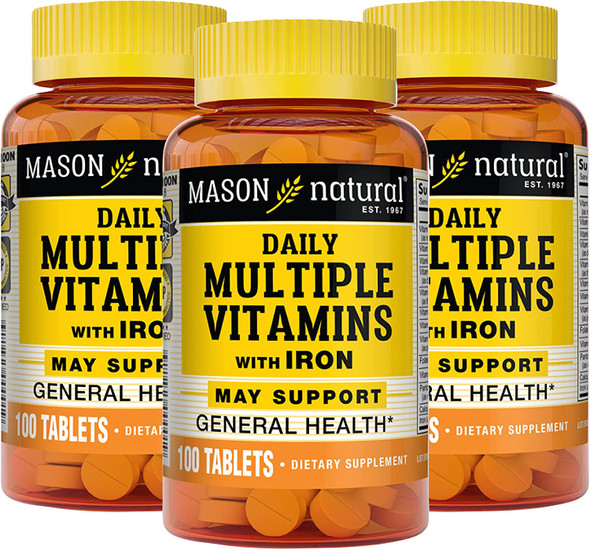 Mason Natural Daily Multiple Vitamins with Iron, Vitamins A, C, D, E, B1, B2, B3, B6, B12, Folate and Calcium for Overall Health, 100 Tablets (Pack of 3)