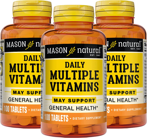 Mason Natural Daily Multiple Vitamins - Vitamins A, C, D3, E, B1, B2, B3, B6, B12, Folate and Calcium for Overall Health, 100 Tablets (Pack of 3)