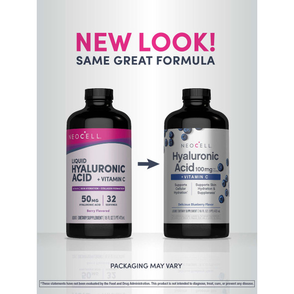 NeoCell Liquid Hyaluronic Acid | 16 fl oz | with Vitamin C | Skin Hydration | Antioxidant Supplement | Blueberry Flavor Bottle (Package May Vary)