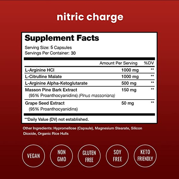 Nitric Oxide Supplement with L Arginine, Citrulline Malate, AAKG, Pine Bark & Grape Seed Extract - NO Booster for Muscle Growth, Strength, Vascularity, Energy & Blood Flow, Vegan Capsules