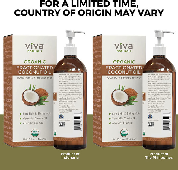 Viva Naturals Organic Fractionated Coconut Oil for Hair and Skin - 16 fl oz (Pack of 3)