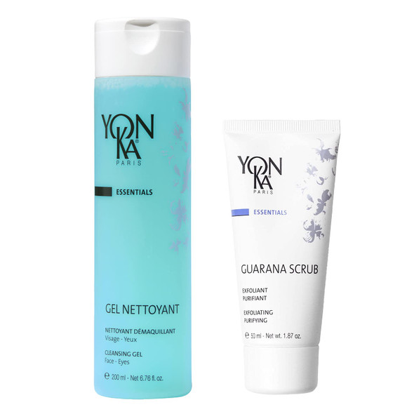 Yon-Ka Gel Nettoyant, Guarana Scrub Set, Gentle Foaming Face Wash and Makeup Remover, Facial Exfoliator and Detoxifying Scrub, Normal and Acne Prone Skin