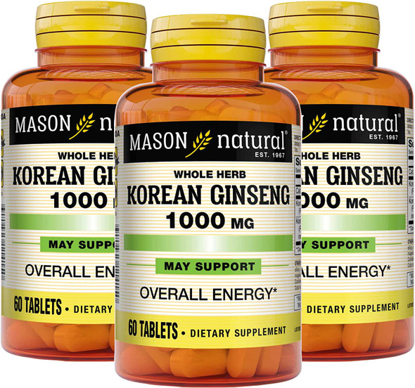 Mason Natural Korean Ginseng 1000 mg - Supports Overall Energy and Performance, Improved Endurance and Vitality, 60 Tablets (Pack of 3)