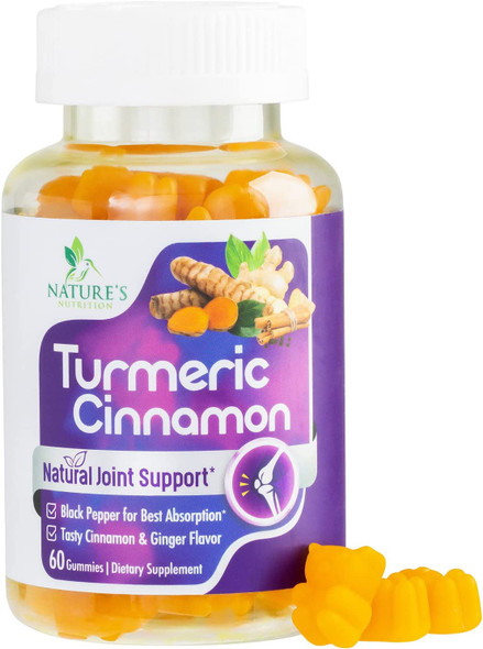 Turmeric Gummies with Black Pepper for Best Absorption, Turmeric Curcumin Supplement Chewable - Joint & Heart Support, Natural Immune Support, Natural Cinnamon Taste, Vegan Vitamins - 60 Gummies