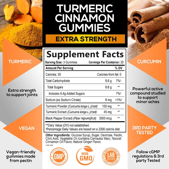 Turmeric Gummies with Black Pepper for Best Absorption, Turmeric Curcumin Supplement Chewable - Joint & Heart Support, Natural Immune Support, Natural Cinnamon Taste, Vegan Vitamins - 60 Gummies