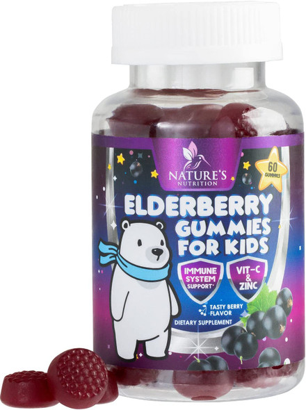 Elderberry Gummies for Kids Extra Strength Immune Support Gummy with Vitamin C and Zinc - Tasty Natural Sambucus Berry Flavor - Best Children's Herbal Supplements - 60 Gummies