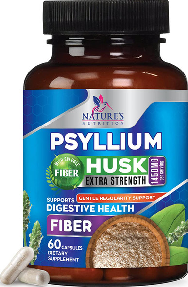 Psyllium Husk Caps 1450mg, Natural Fiber Supplement for Digestive Support - Nature's Non-GMO Psyllium Fiber Capsules Helps Support Digestion & Regularity for Adult Men and Women - 60 Capsules