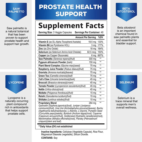 Prostate Formula with Saw Palmetto - Extra Strength Prostate Health Supplement for Men with Prostate Sterol Complex & Quercetin Supports Hair Growth and Normal Urination - 120 Capsules