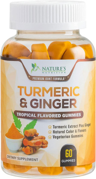 Turmeric Ginger Gummies for Best Absorption, Joint Support, Natural Immune Support, Nature's Turmeric Supplement, Vegan Friendly Vitamins for Men and Women - 60 Gummies