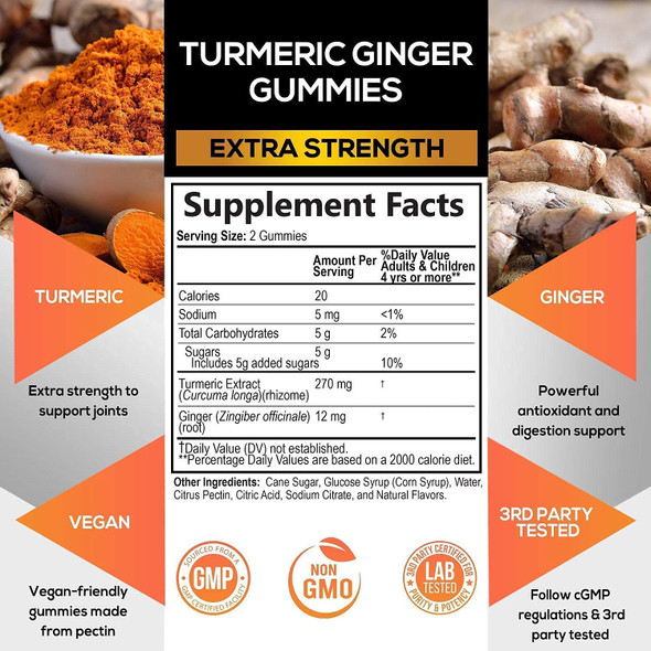 Turmeric Ginger Gummies for Best Absorption, Joint Support, Natural Immune Support, Nature's Turmeric Supplement, Vegan Friendly Vitamins for Men and Women - 60 Gummies