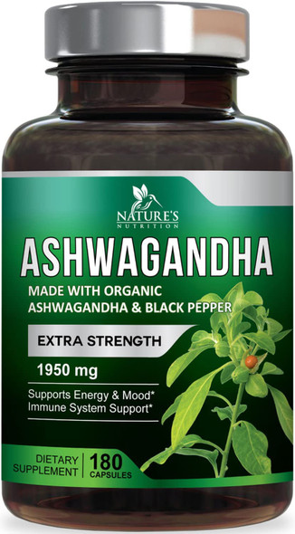 Organic Ashwagandha 1,950 mg - Vegan Ashwagandha Root Supplement - Relax, Calm, Focus & Unwind with Potent Mood, Stress & Immune Support - Extra Strength Extract Powder, Non-GMO - 180 Capsules