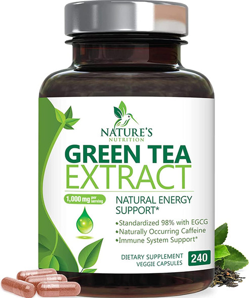 Green Tea Extract 98% Standardized EGCG - 3X Strength for Natural Energy - Heart Support with Polyphenols - Gentle Caffeine - 240 Capsules