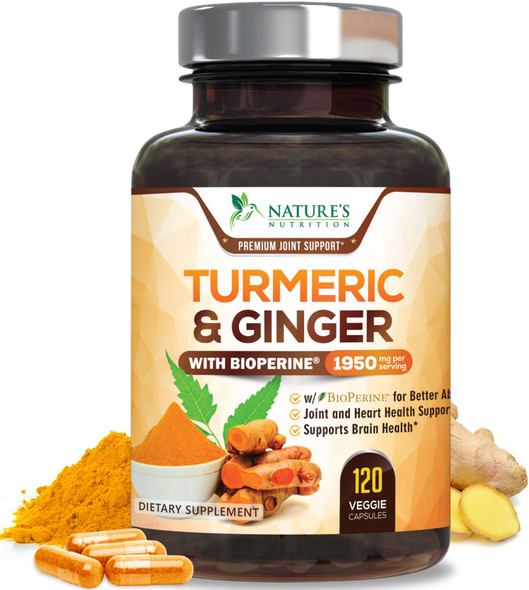 Nature's Nutrition Turmeric Curcumin with BioPerine & Ginger 95% Standardized Curcuminoids 1950mg 120 Capsules