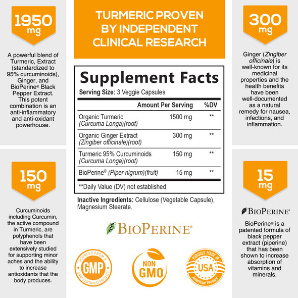 Nature's Nutrition Turmeric Curcumin with BioPerine & Ginger 95% Standardized Curcuminoids 1950mg 120 Capsules