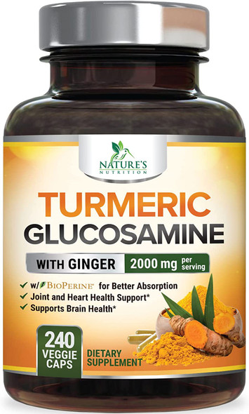 Turmeric Curcumin with Ginger & Glucosamine 2000mg with Black Pepper for Best Absorption, Joint Support, Made in USA, Natural Immune Support, Nature's Turmeric Supplement - 240 Veggie Caps