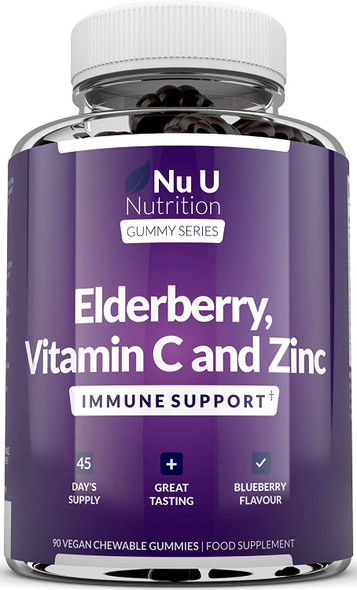 Elderberry Gummies for Adults & Kids - 90 Gummies with Sambucus Black Elderberry, Vitamin C & Zinc - Immune System Booster - Blueberry Flavour - Vegan & Vegetarian