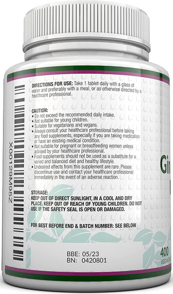 Ginkgo Biloba 6000mg Tablets - 400 High Strength Tablets Ginkgo Biloba Extract - Allergen Free and Suitable for Vegetarians and Vegans - Made in The UK by Nu U Nutrition