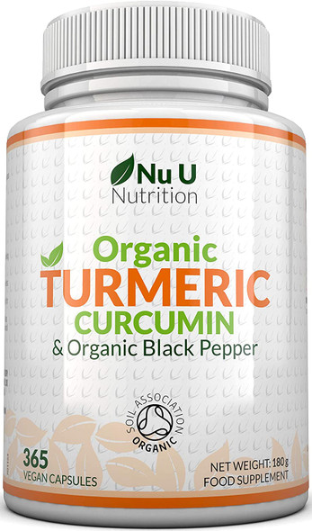 Turmeric Curcumin Organic High Strength 600mg, 365 Capsules With Organic Black Pepper | Suitable for Vegetarians & Vegans | SOIL ASSOCIATION Certified, Made in the UK by Nu U Nutrition