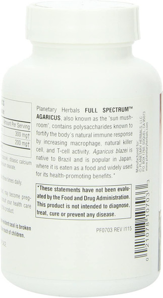 Planetary Herbals Agaricus Full Spectrum 500mg, Immune & Natural Killer Cell Activator, 90 Capsules