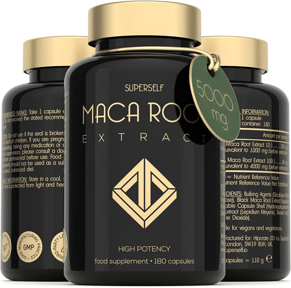 Maca Root Capsules 5000mg - High Strength 180 Maca Root Tablets for Men and Women - Black & Yellow Macca Root Powder Extract - Natural Plant-Based Booster Supplement - UK Made & Vegan