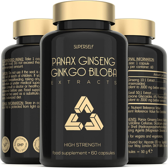 Korean Ginseng and Ginkgo Biloba Tablets 6000mg - Panax Ginseng Root Standardised 20% Ginsenosides 3000mg & Ginkgo 3000mg - High Strength 60 Capsules - Herbal Supplement for Men & Women - UK Made