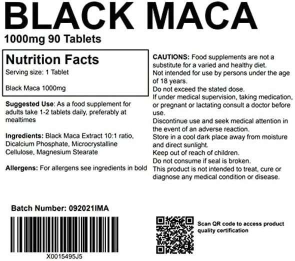 Black Maca Root 1000mg 90 Tablets Supplement UK Made. Pharmaceutical Grade Energy, Fertility and Mood