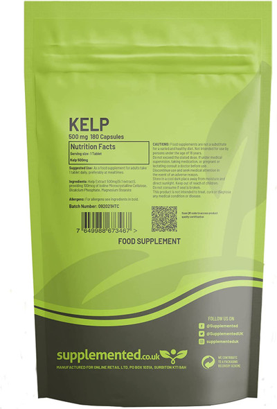 Kelp 500mg 90 Tablets - Sea Kelp Supplement, Natural Source of Iodine UK Made Supplement Letterbox Friendly