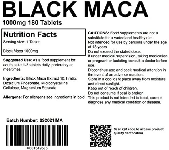 Black Maca Root 1000mg 180 Tablets Supplement UK Made. Pharmaceutical Grade Energy, Fertility and Mood