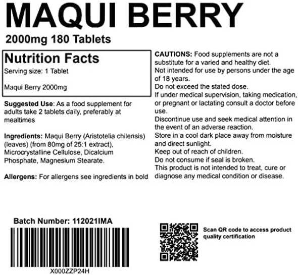 Maqui Berry Extract 2000mg 180 Tablets UK Made. Pharmaceutical Grade