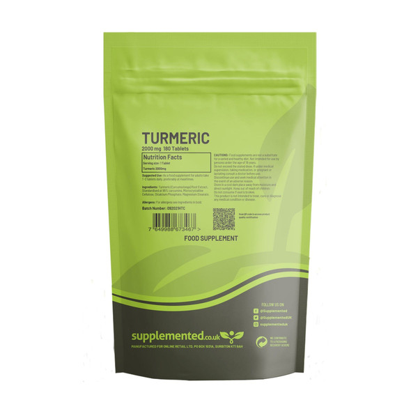 Supplemented Turmeric 2000mg 180 Tablets High Strength UK Made Supplement Letterbox Friendly Turmeric Extract (Curcumin) Vegan Joint Health