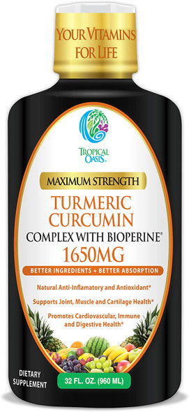 Liquid Turmeric Curcumin w/ Bioperine 1650mg Maximum Strength | Highest Potency of Turmeric, Black Pepper & Vitamin C | Natural Anti-Inflammatory & Joint Support | 98% Absorption Rate | 32 Serv