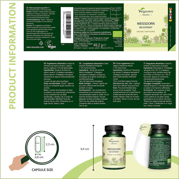 Hawthorn Berry Vegavero® | 700 mg Extract | 100% Organic | NO Additives | Natural Antioxidant | 60 Vegan Capsules