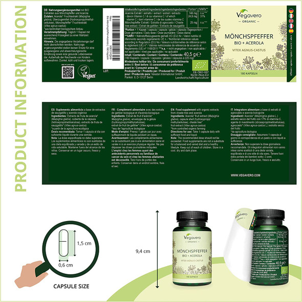 Vitex Agnus Castus Vegavero® | 100% Organic | 180 Capsules | Chasteberry Extract (4:1) | with Vitamin C | Hormone Balance & PMS Relief | Vegan