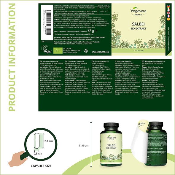 Sage Vegavero® | 100% Organic Leaf Extract | 120 Vegan Capsules | with 1% Rosmarinic Acid | Menopause, Hot Flushes & Night Sweats Relief | NO Tablets & NO Additives